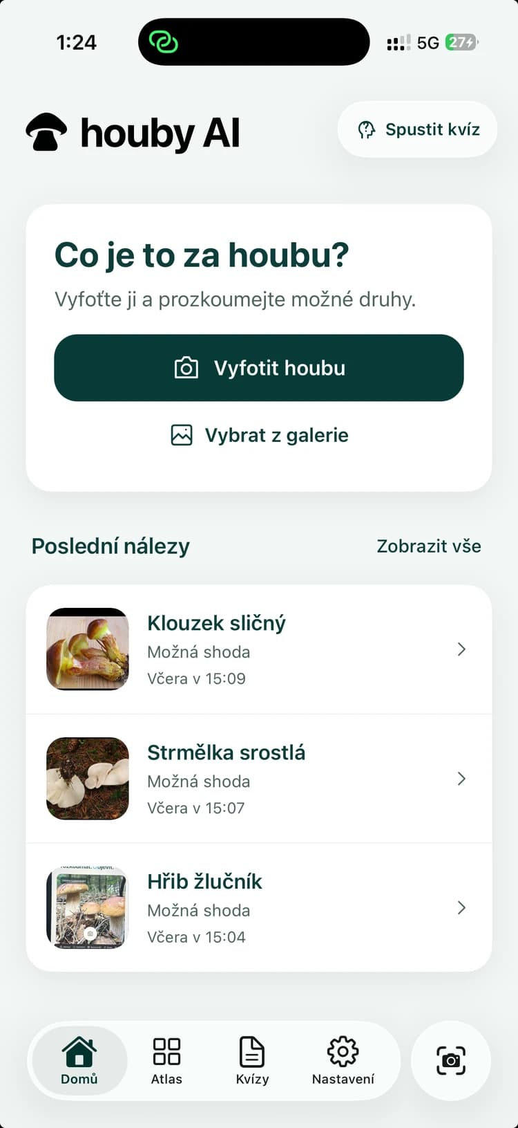 Domovská obrazovka Houby AI s rozpoznáváním a uloženými nálezy
