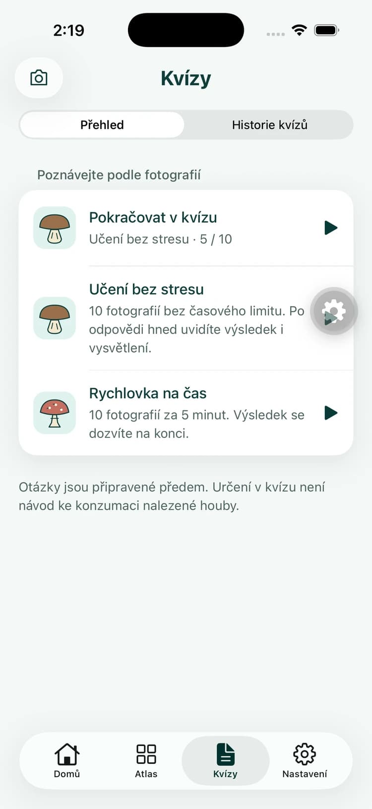 Výběr houbových kvízů v aplikaci: učení bez stresu a rychlovka na čas